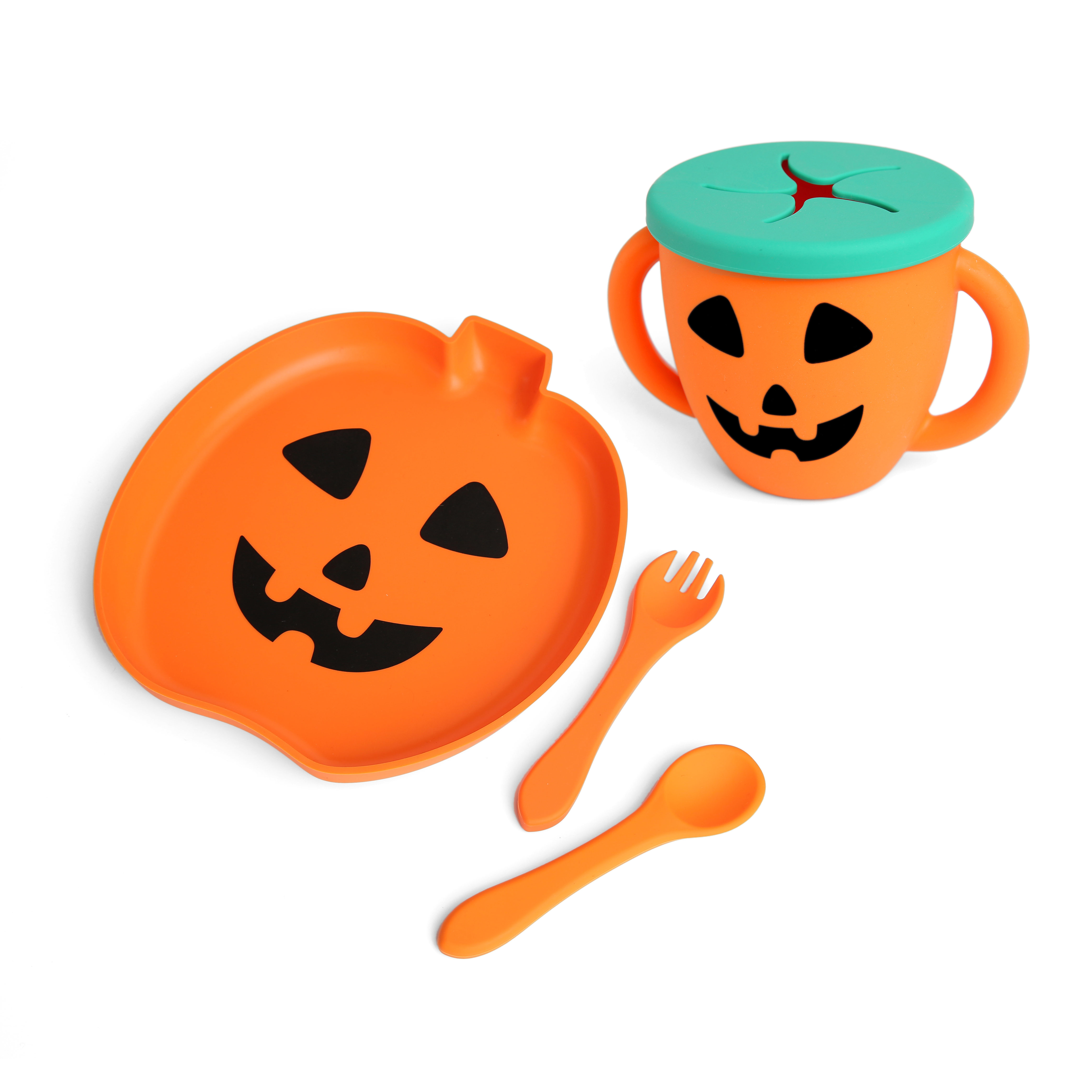 Halloween Silicone Feeding Set With Snack Cup For Toddlers & Babies, Pumpkin
