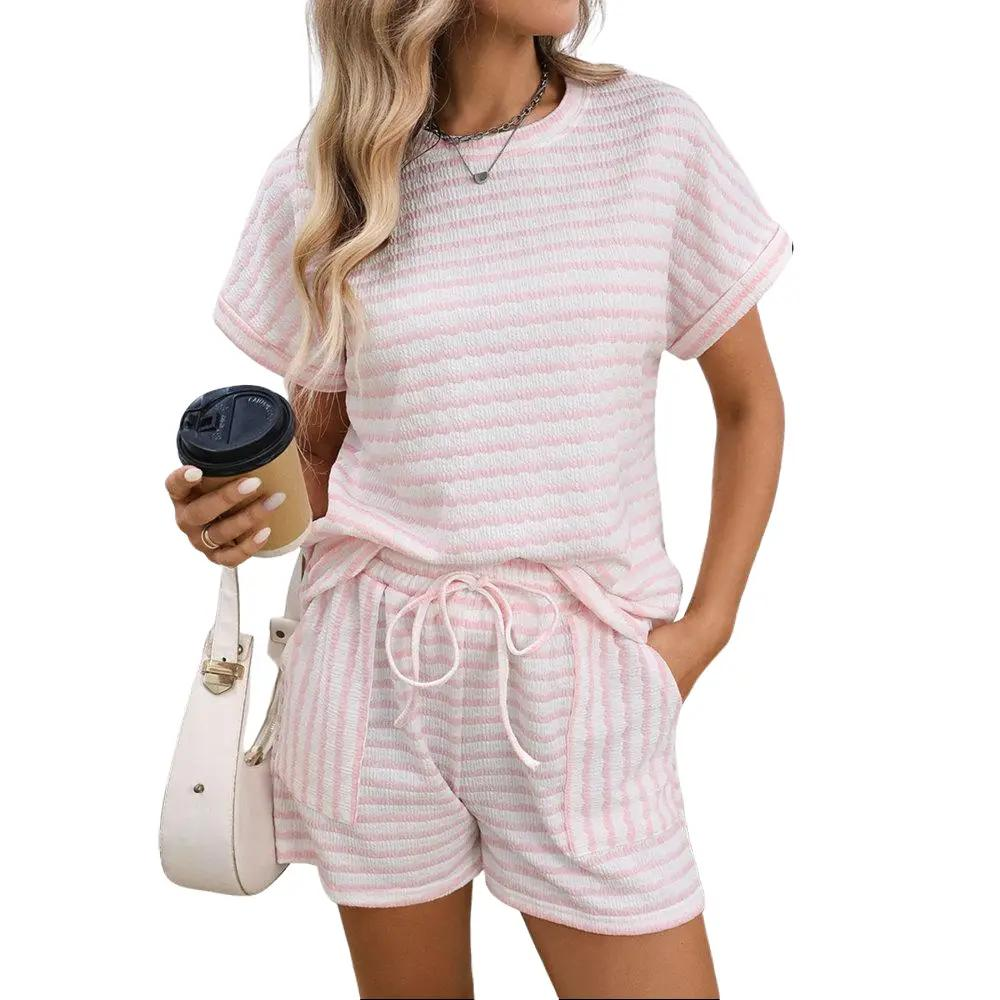 Women's 2-Piece Striped Knit Lounge Set – Short Sleeve Tee and Shorts