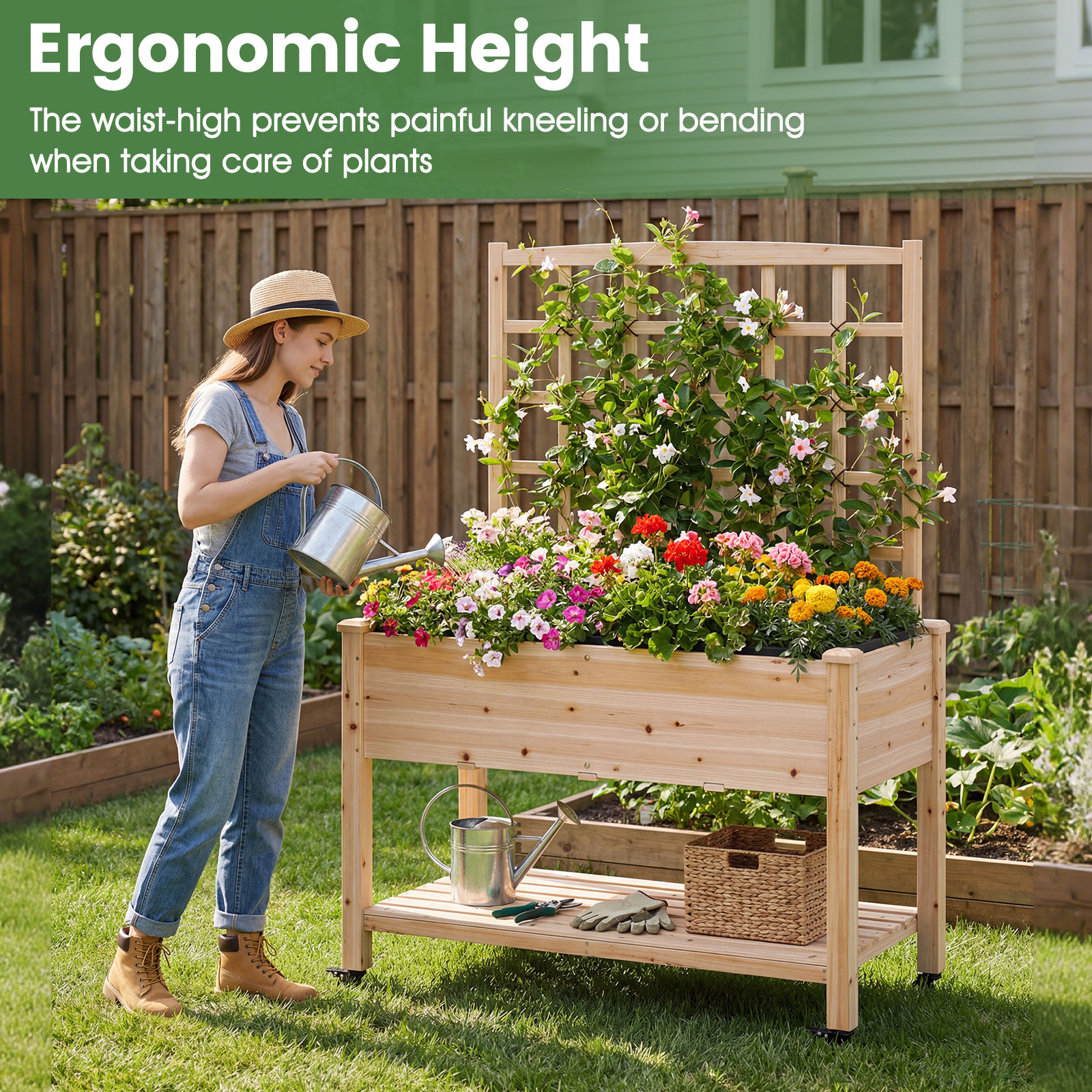 Costway Wooden Raised Garden Bed with Trellis 47x23x65 in, Liner, Drainage Holes for Plant