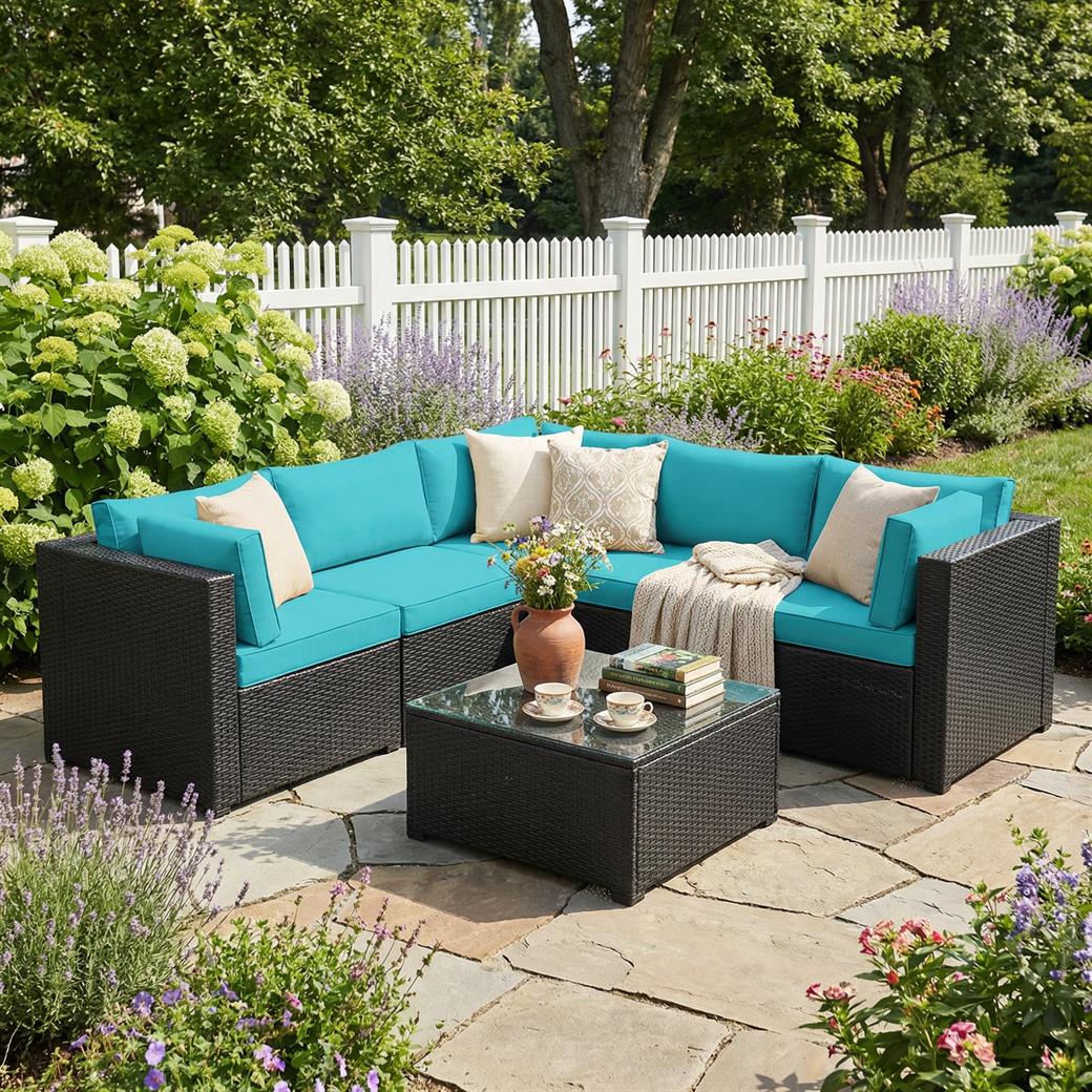 6 Pieces Patio Furniture Sofa Set with Cushions for Outdoor-Turquoise