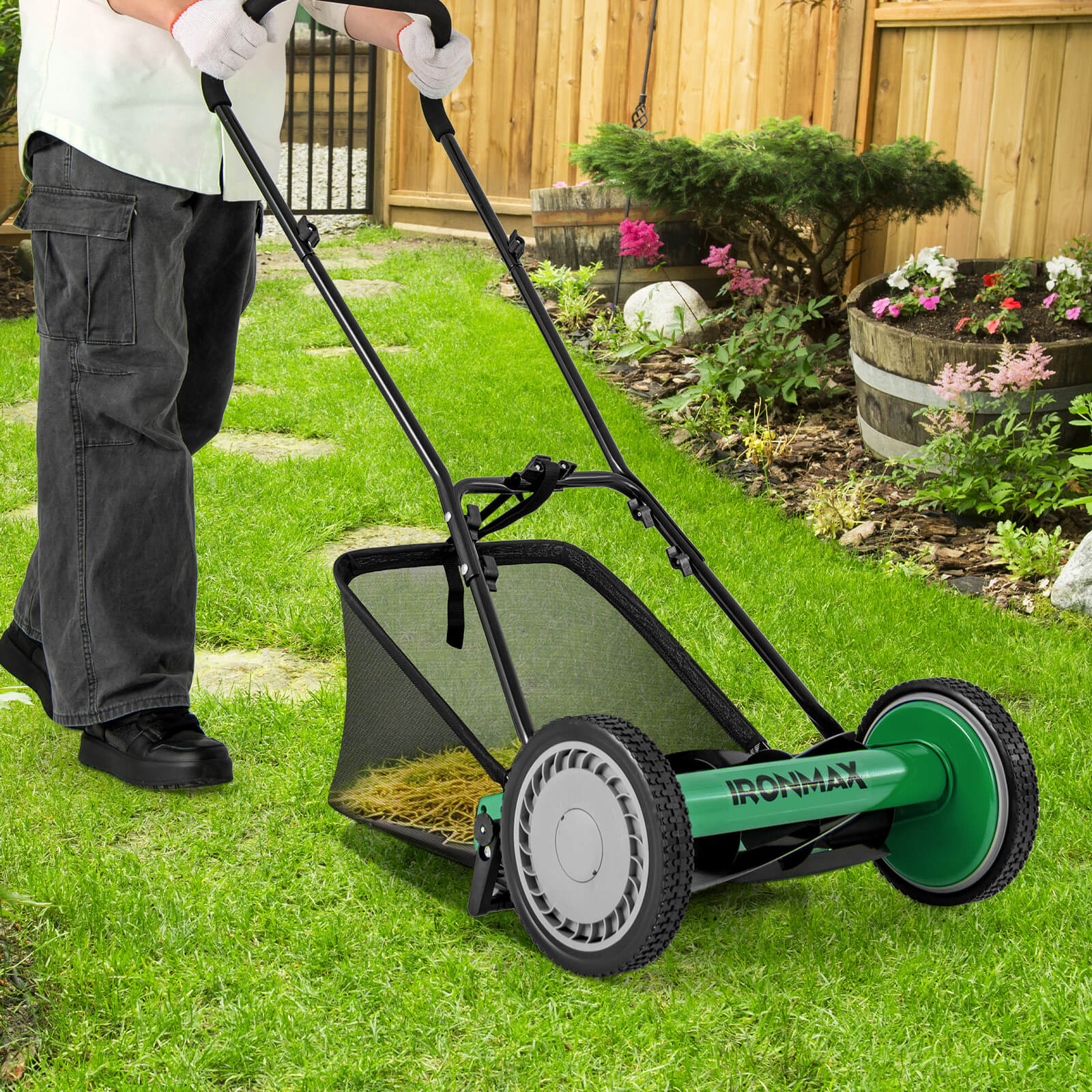 Ironmax 16” Manual Reel Lawn Mower with 6.9-Gallon Grass Catcher
