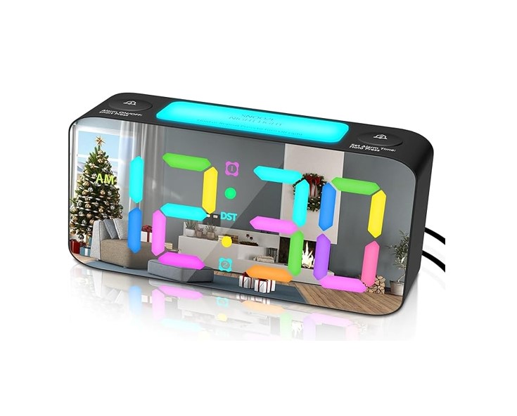 RGB Digital Mirror Alarm Clock – 7 Colors – 7” Large LED Display – Dual Alarm – 2 USB Charger – 4 Dimmers