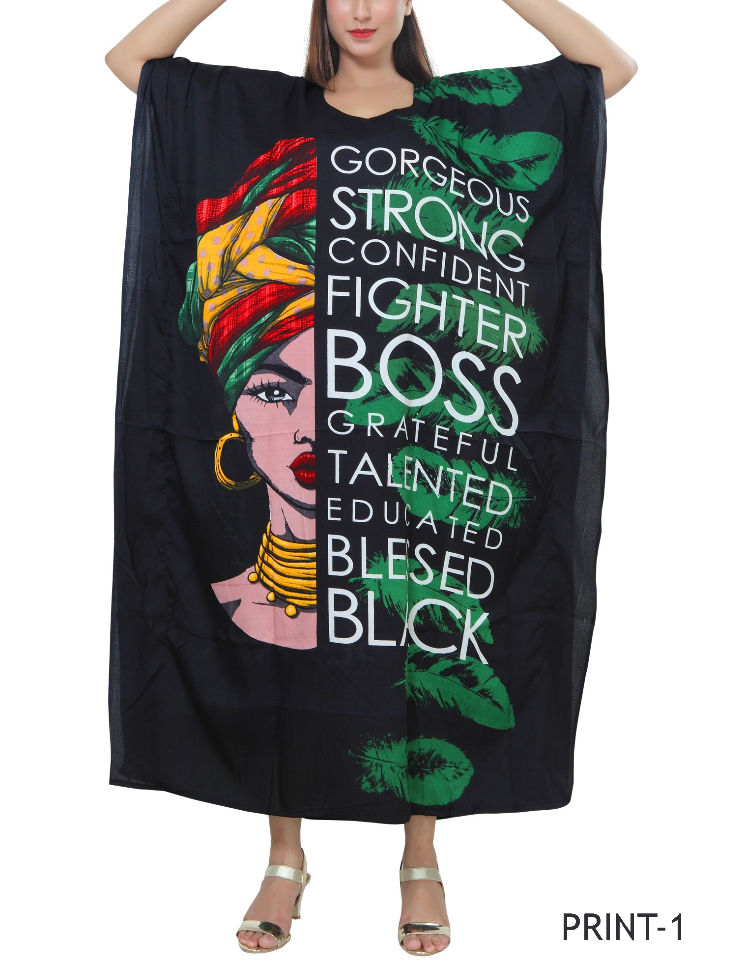 Women's Verbiage Prints Caftan Maxi Dresses With Head-Wrap- One Size Fits All