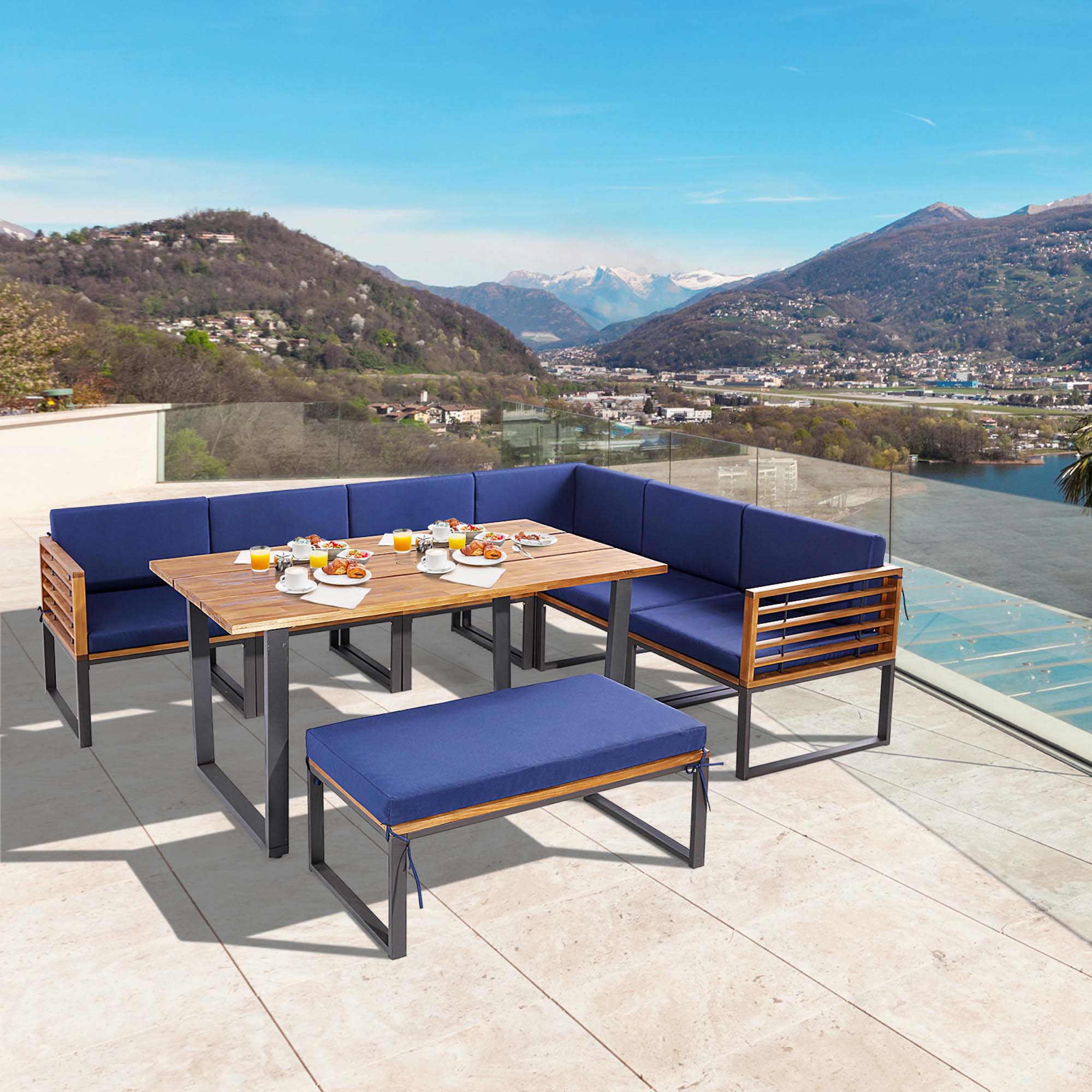 Costway 8pcs Patio Acacia Wood Dining Table & Ottoman Sofa Chair Set Outdoor Furniture
