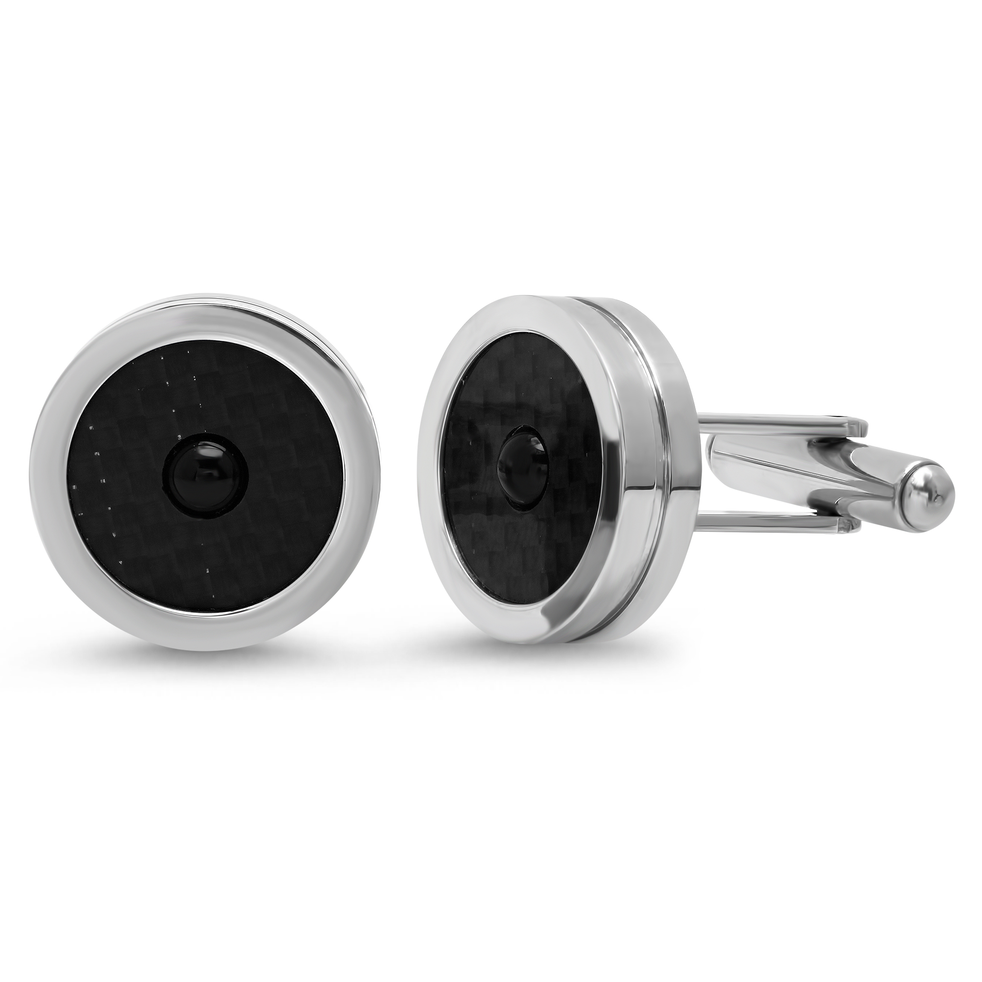 Men's Stainless Steel Black Carbon Fiber Round Cufflinks With Bead Accent