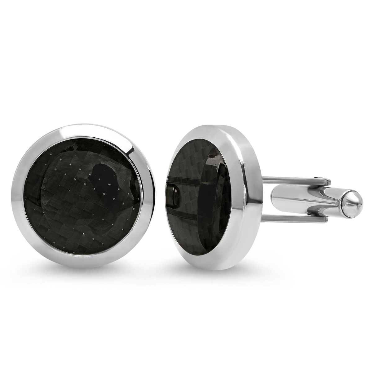 Men's Stainless Steel Black Carbon Fiber Round Cufflinks