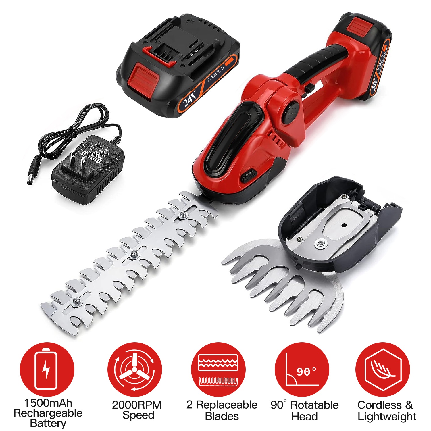 24V Cordless Handheld Grass Shear Hedge Trimmer with 90° Cutting Angle