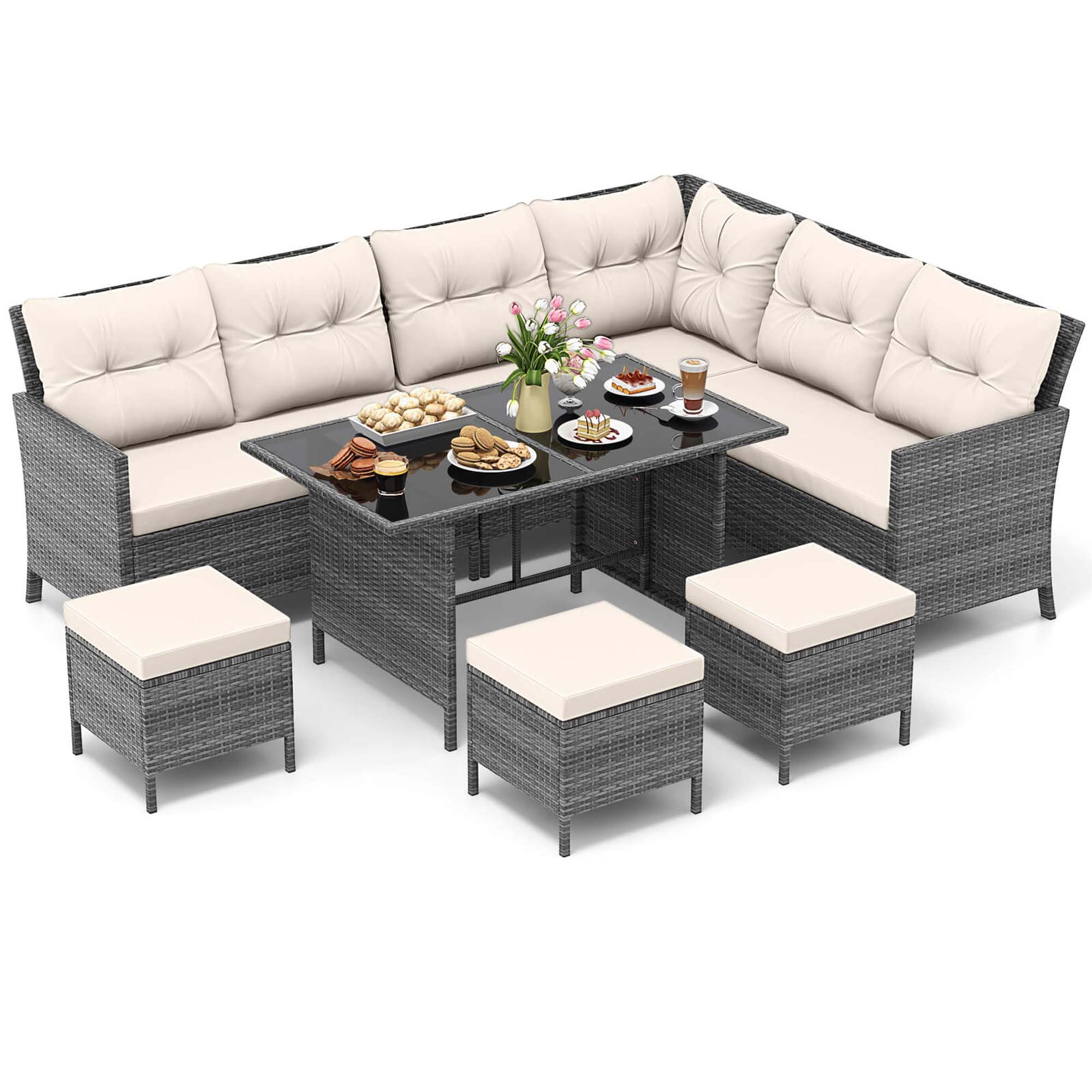 7 Pieces Patio Dining Furniture Set with Soft Cushions and Ottomans
