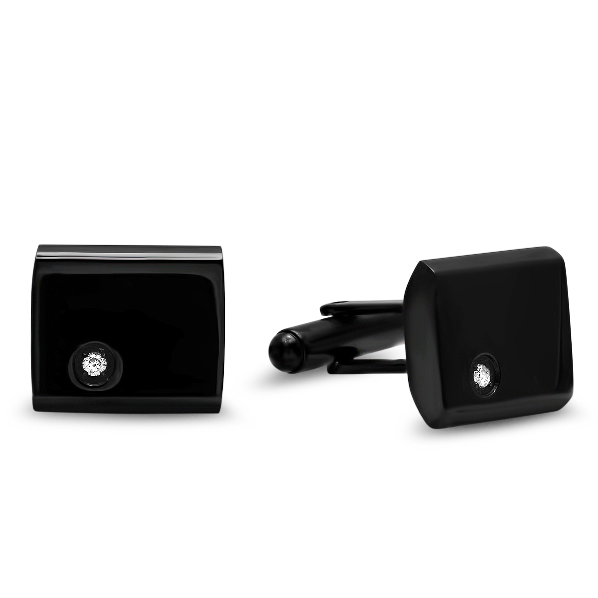 Men's Black Ip Stainless Steel Rectangular Cufflinks With Simulated Diamond