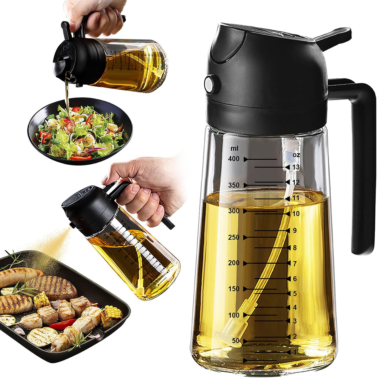 16oz/470ml Plastic Olive Oil Sprayer for Cooking – 2 in 1 Olive Oil Dispenser Bottle for Kitchen Gadgets