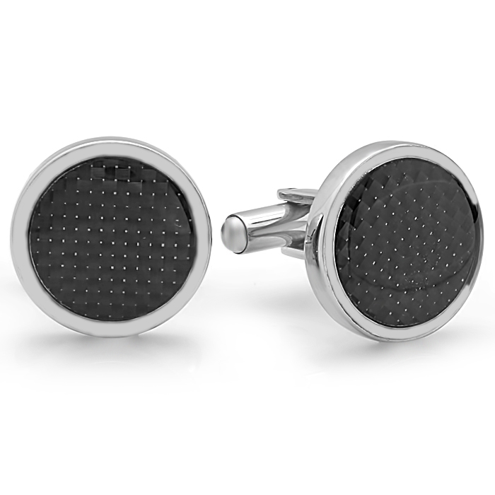 Men's Stainless Steel Round Cuff Links With Black Carbon Fiber Accent