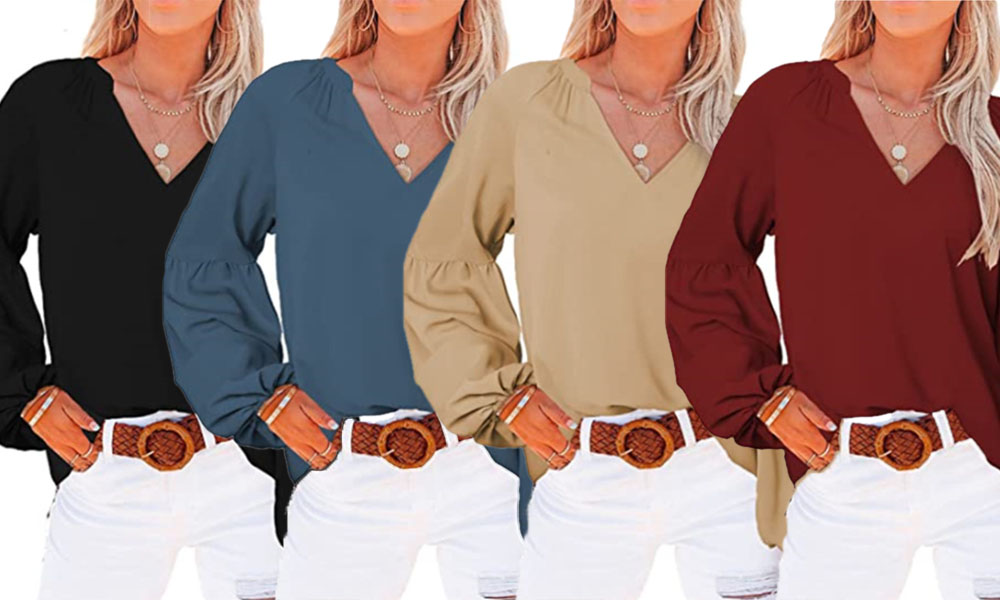 Women's Lantern Long Sleeve V Neck Blouse Top