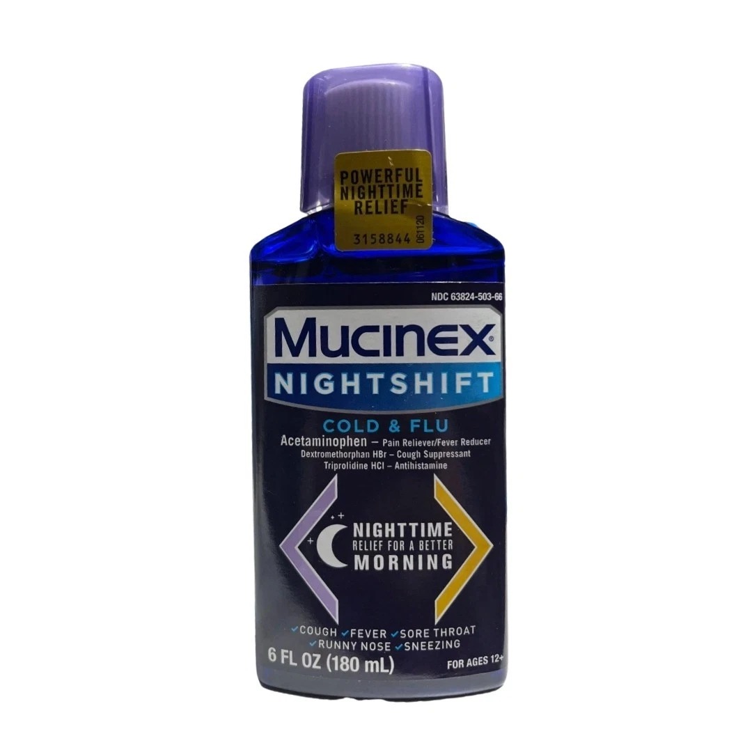 Mucinex Nightshift Cold & Flu Nighttime Relief Liquid 6 fl oz Cough Fever Sore Throat Relief