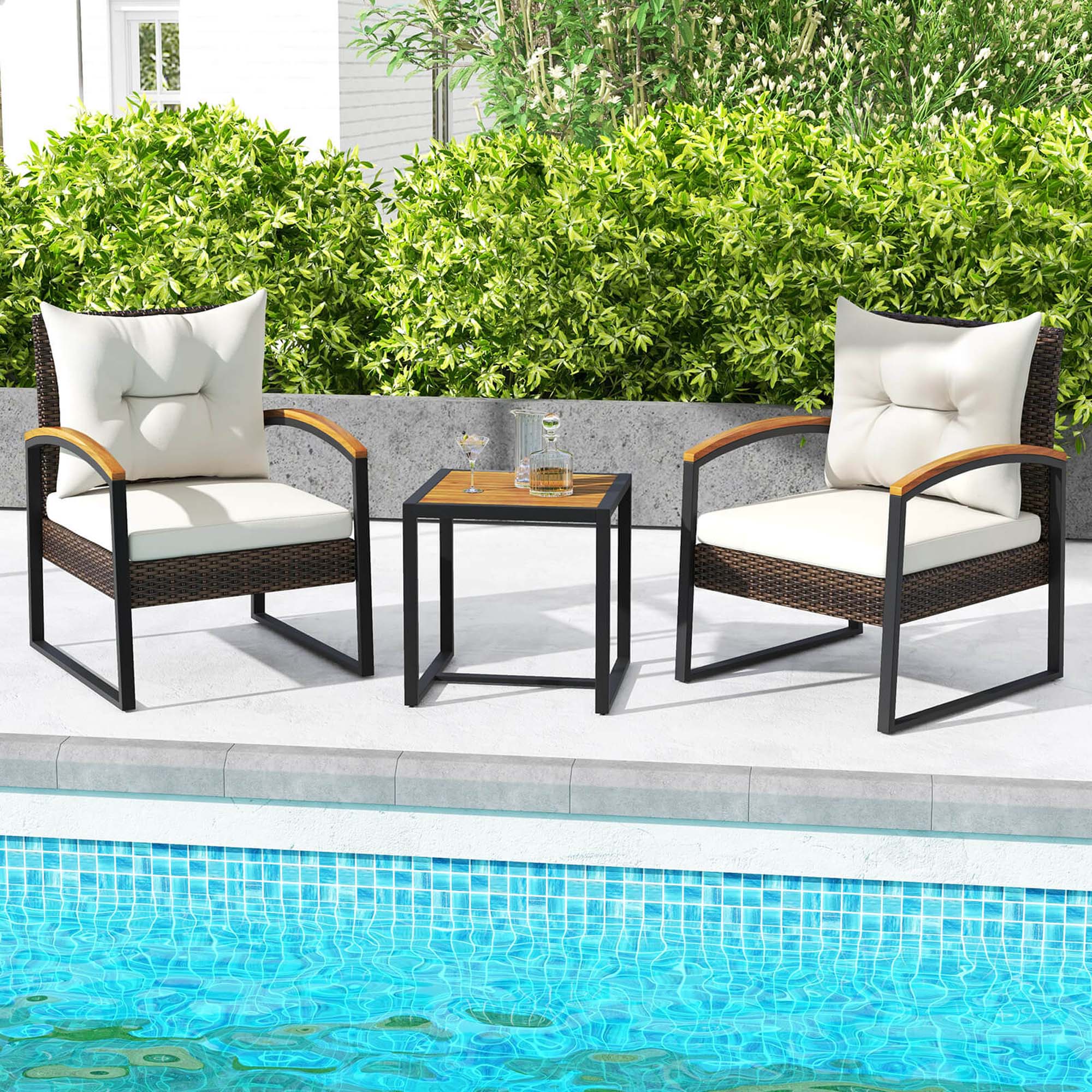 Costway 3 PCS Patio Conversation Set with Coffee Table Solid Acacia Wood Armrests Tabletop White