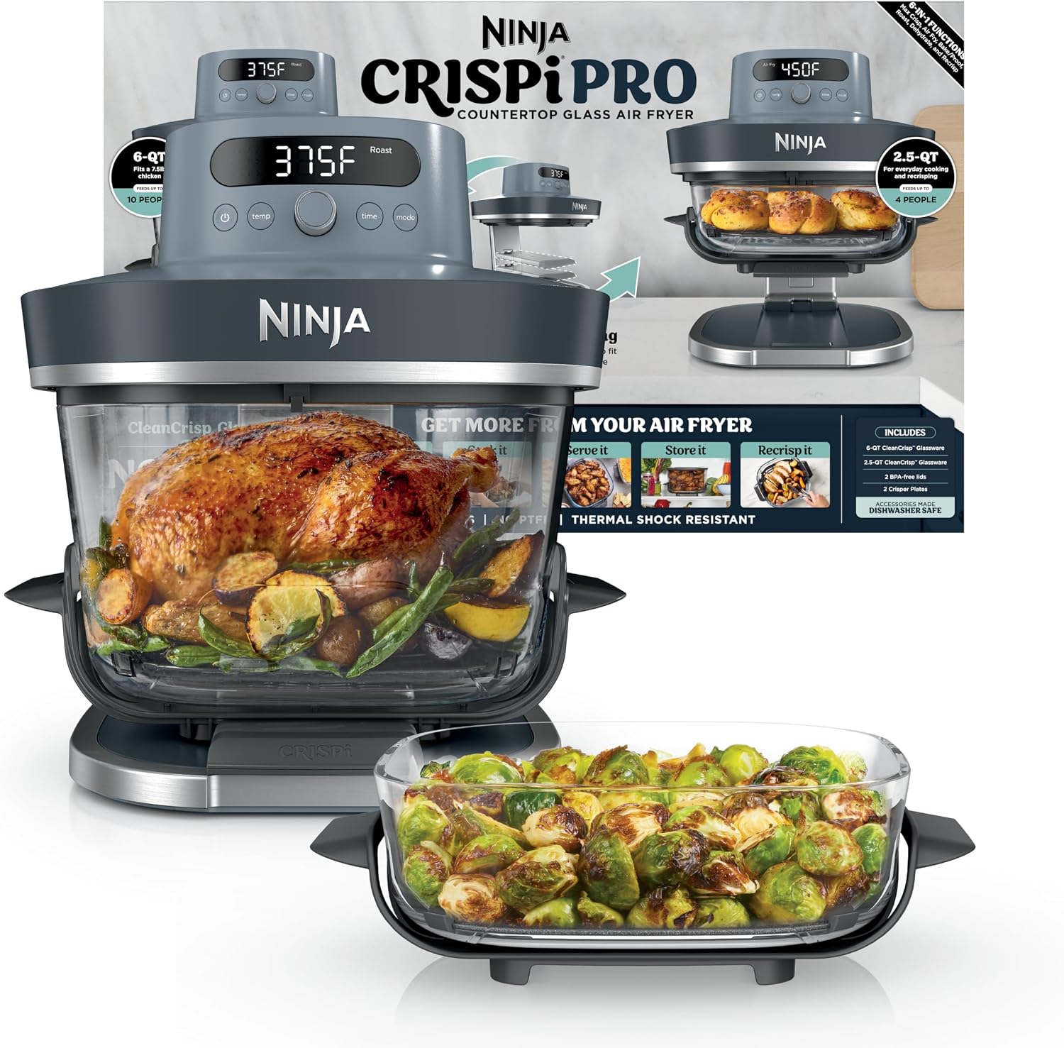 Refurbished Ninja Crispi Pro Glass Air Fryer, 6-in-1, Cyberspace, AS101CY 6 QT