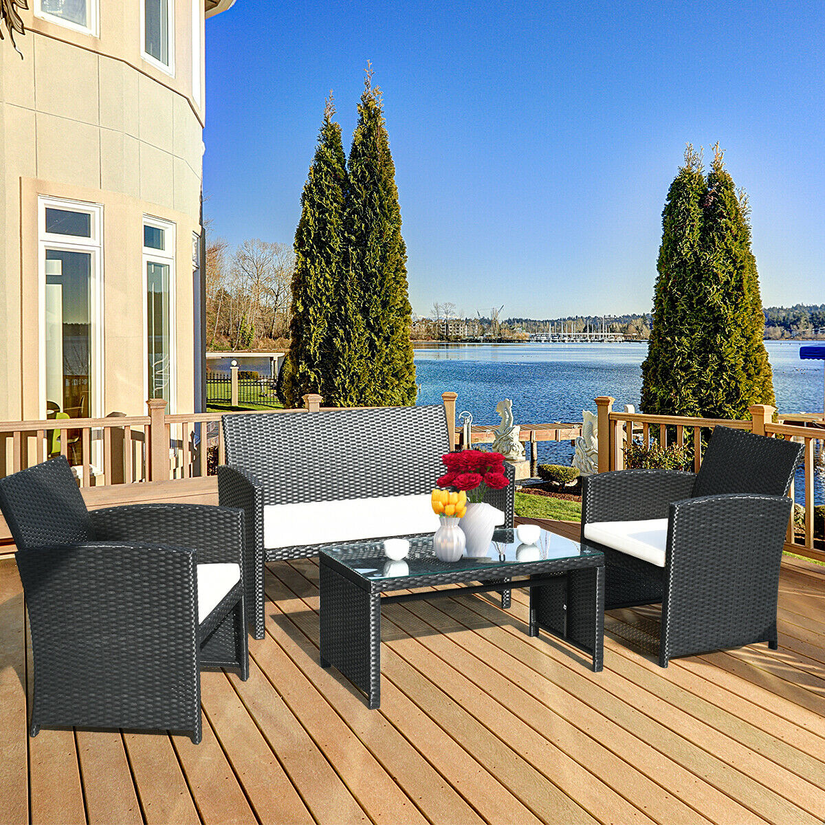 4 Piece Set: Costway Patio Rattan Furniture Conversation Set