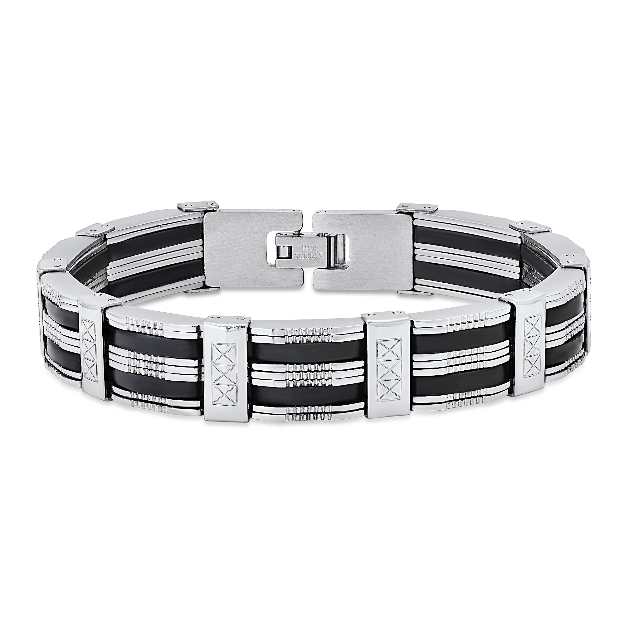 Stainless Steel & Black Rubber Greek Key Bracelet