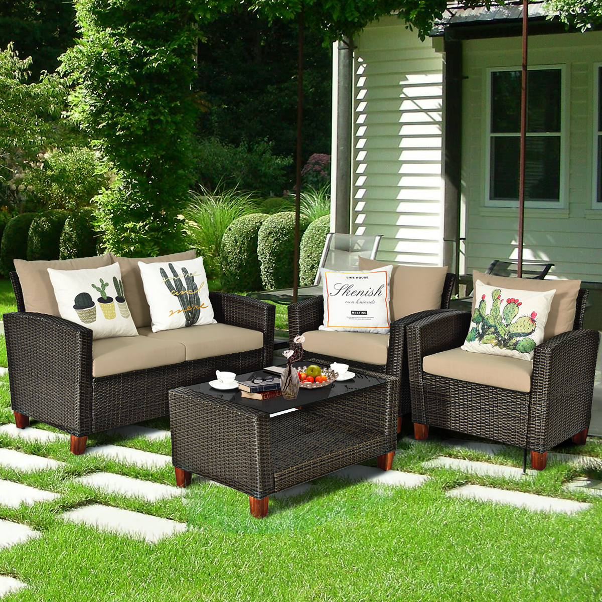4 Piece Patio Rattan Furniture Set