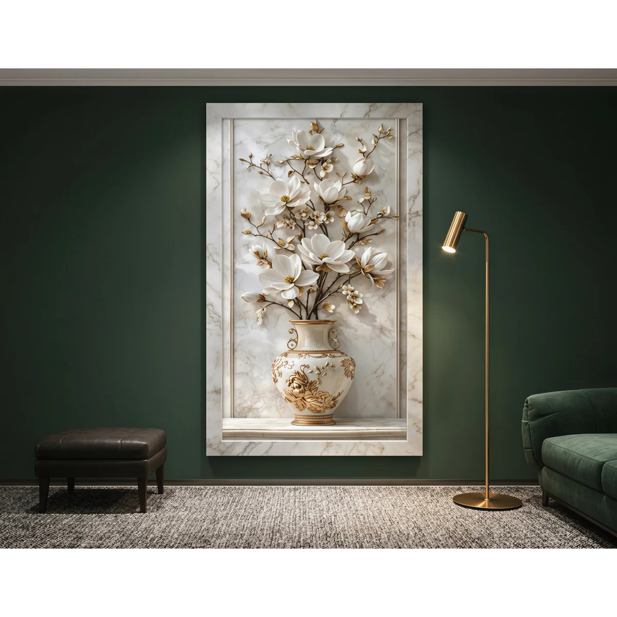 White Magnolia Botanical Poster Elegant Beige Gold Wall Decor