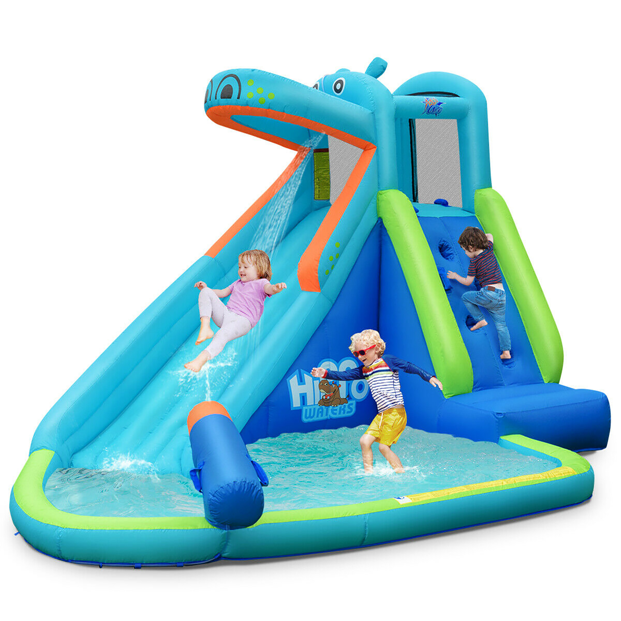 Costway Inflatable Kids Hippo Bounce House Slide Climbing Wall Splash Pool