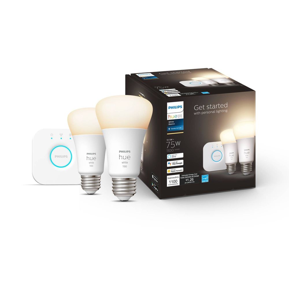 Philips Hue 2pk A19 LED Starter Kit with Bridge White: Energy Star Certifie