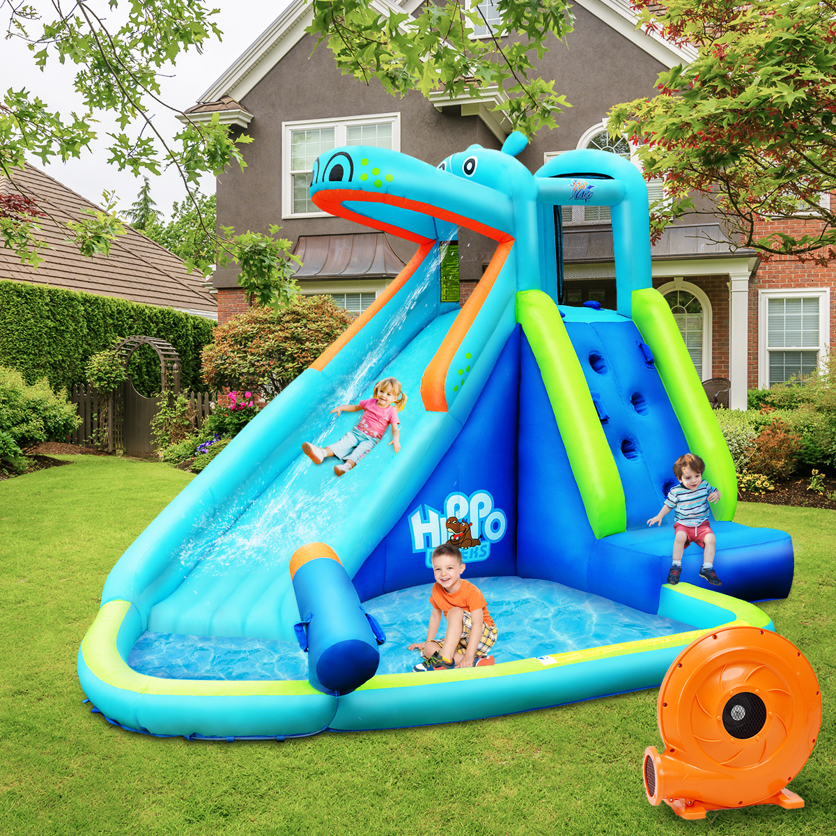 Inflatable Hippo Slide & Pool With Air Blower