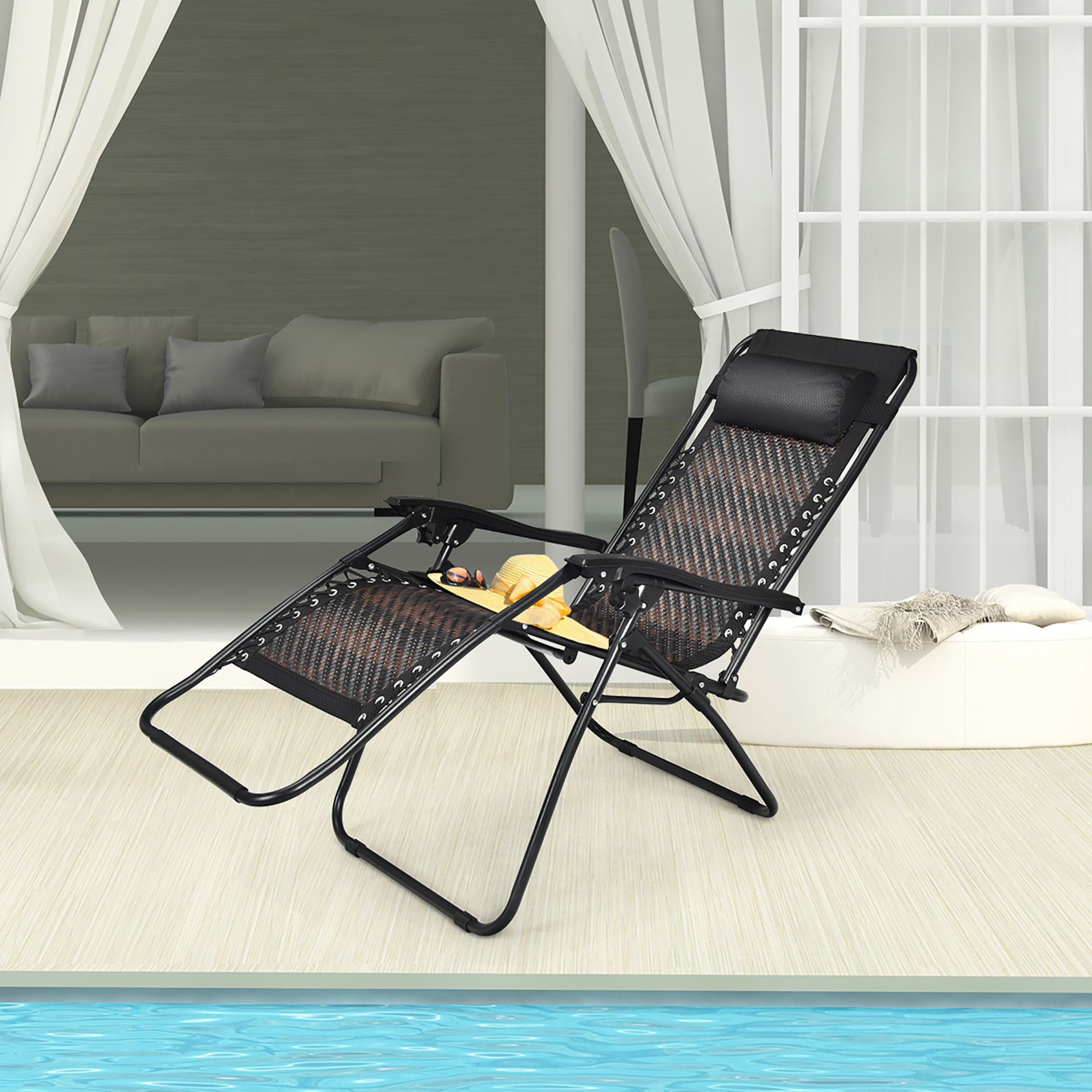 Costway Patio Rattan Zero Gravity Lounge Chair Chaise Folding Recliner W/Headrest Brown\Mix Brown
