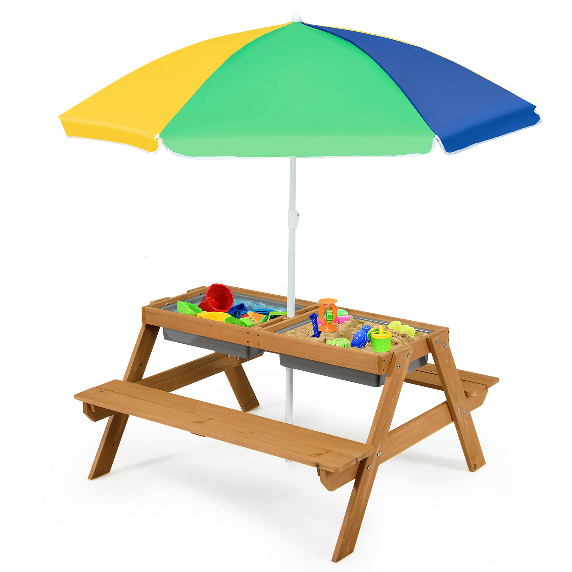 3-in-1 Kids Picnic Sand & Water Table W/ Umbrella