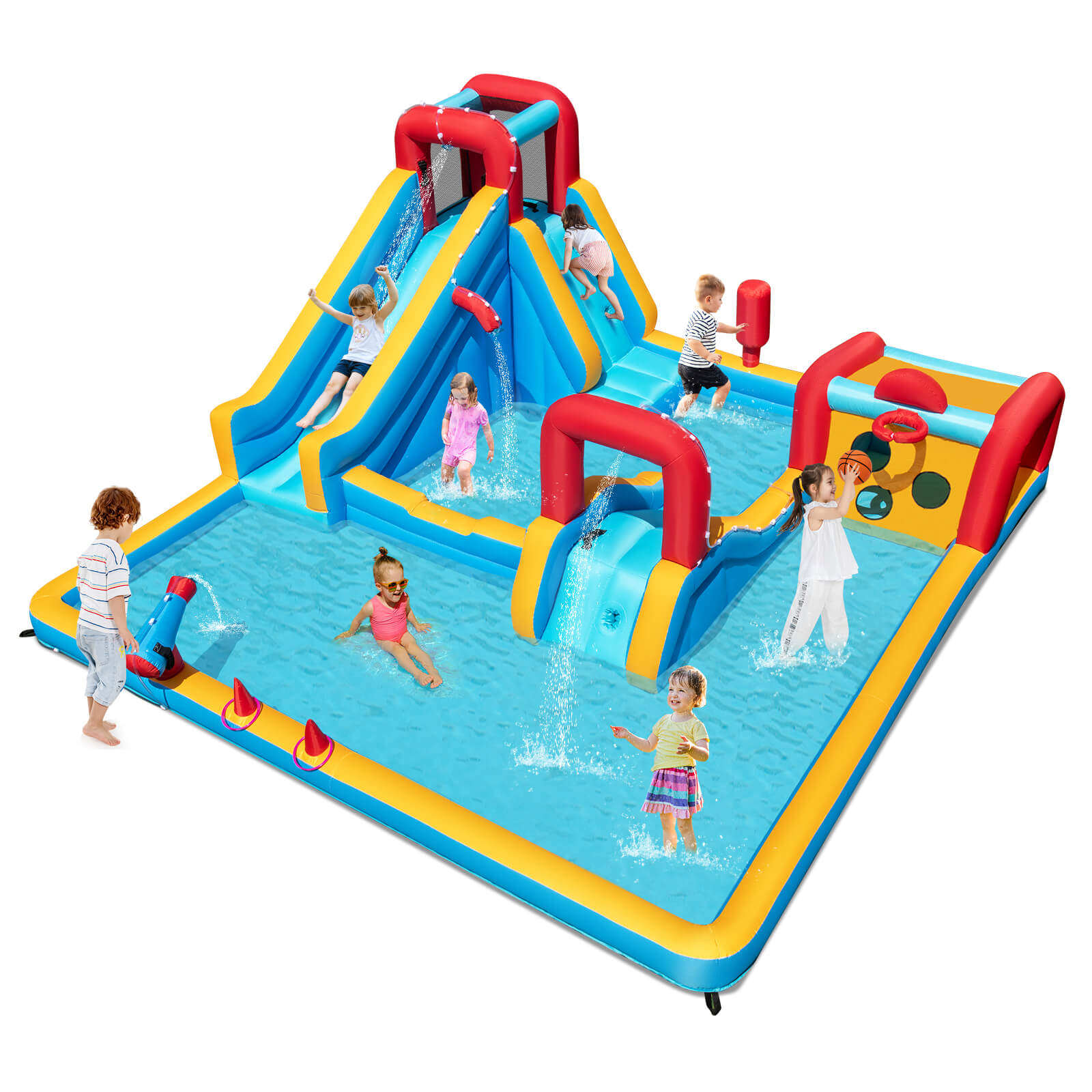 Costway Inflatable Water Park with Climbing Wall Boxing Post Basketball Rim Blower