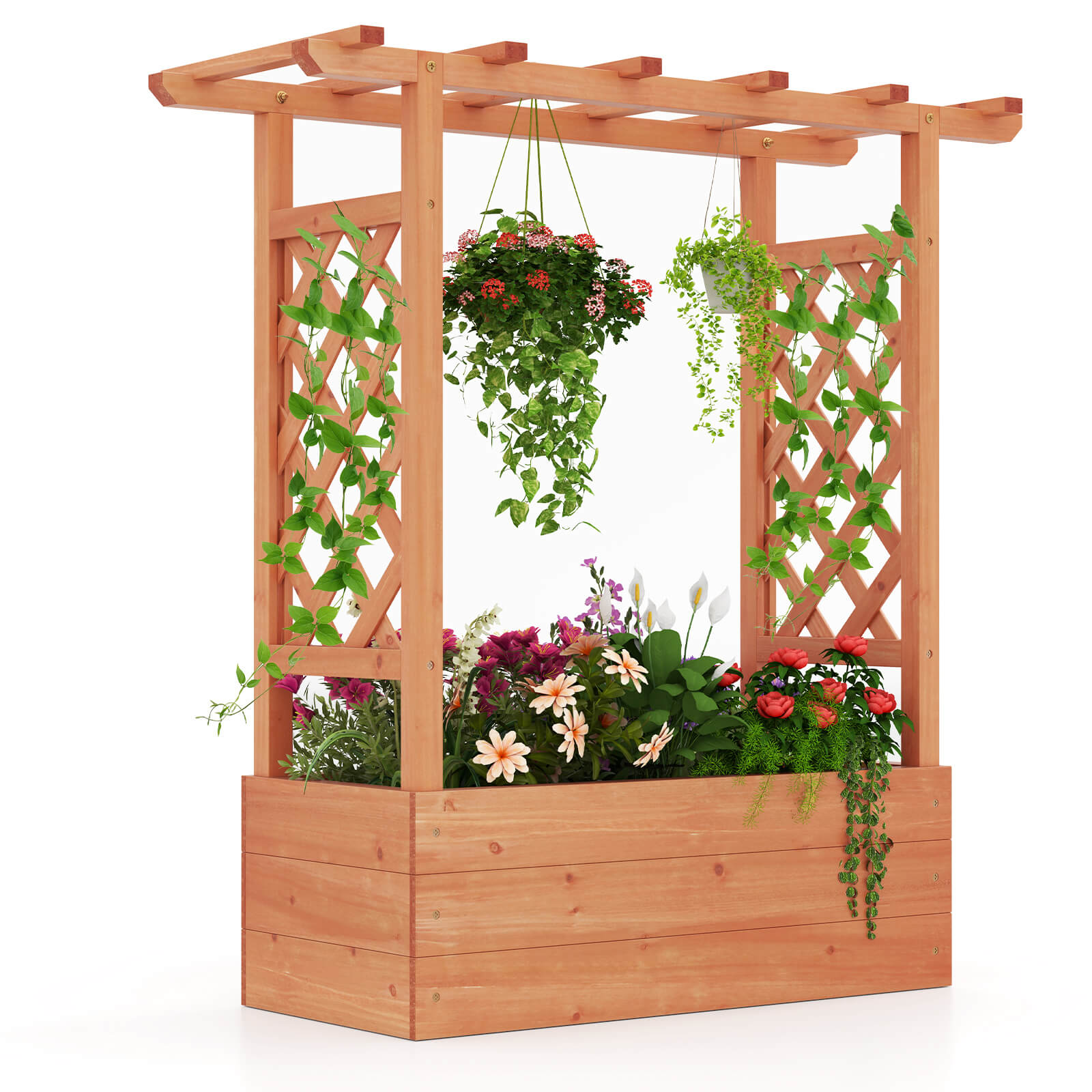Costway 1/2 PCS Wooden Raised Garden Bed with Trellis & Hanging Roof Drainage Elevated Planter Box