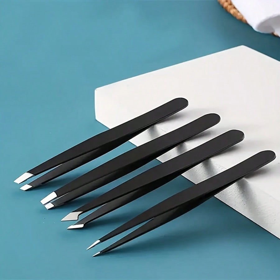 4-Piece Stainless Steel Eyebrow Tweezers Flat Slant Tips Hair Removal