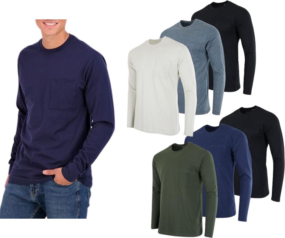 3-Pack: Men's Cotton Long Sleeve Pocket T-Shirts