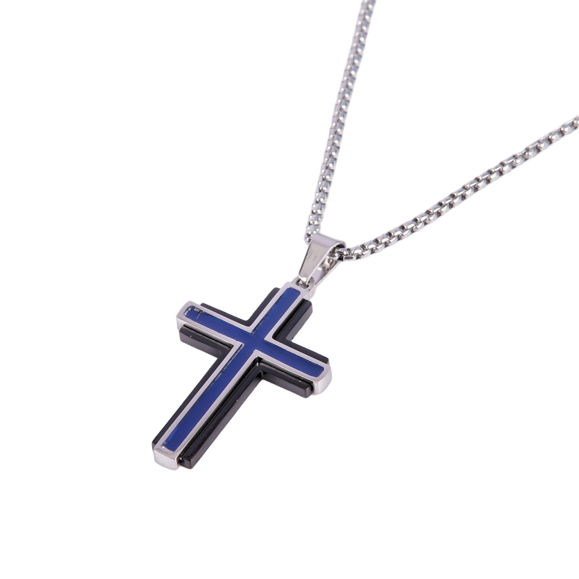 Men’s Stainless Steel Black & Blue Layered Cross Necklace 24” Box Chain