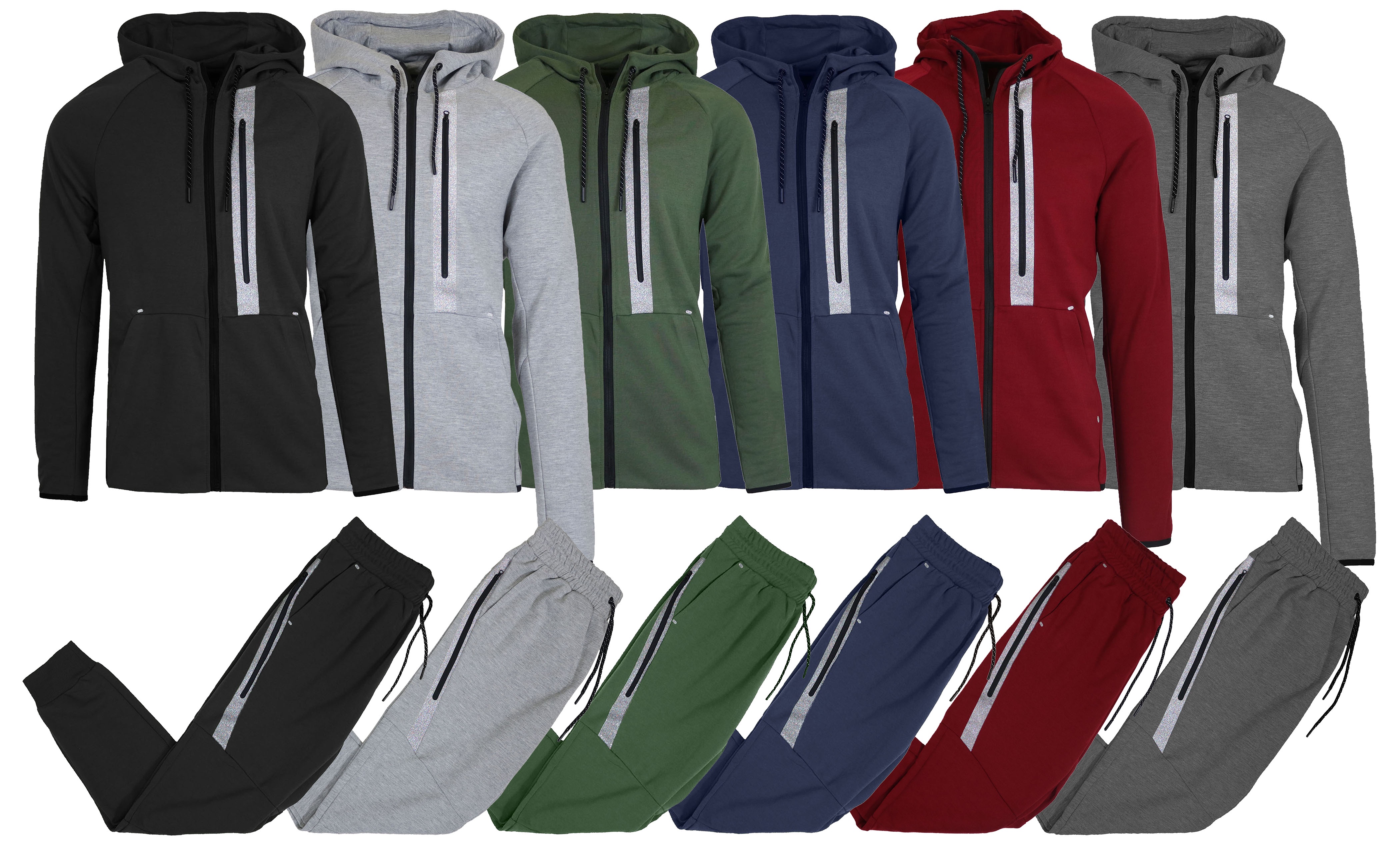 2-Pack Men's Modern Fit  Full Zip Tech Fleece Hoodie and Jogger 2-Piece Set with Reflective Trim Design