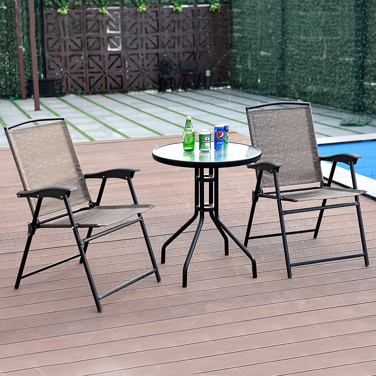Costway 3PC Bistro Patio Garden Set W/ 2 Folding Chairs