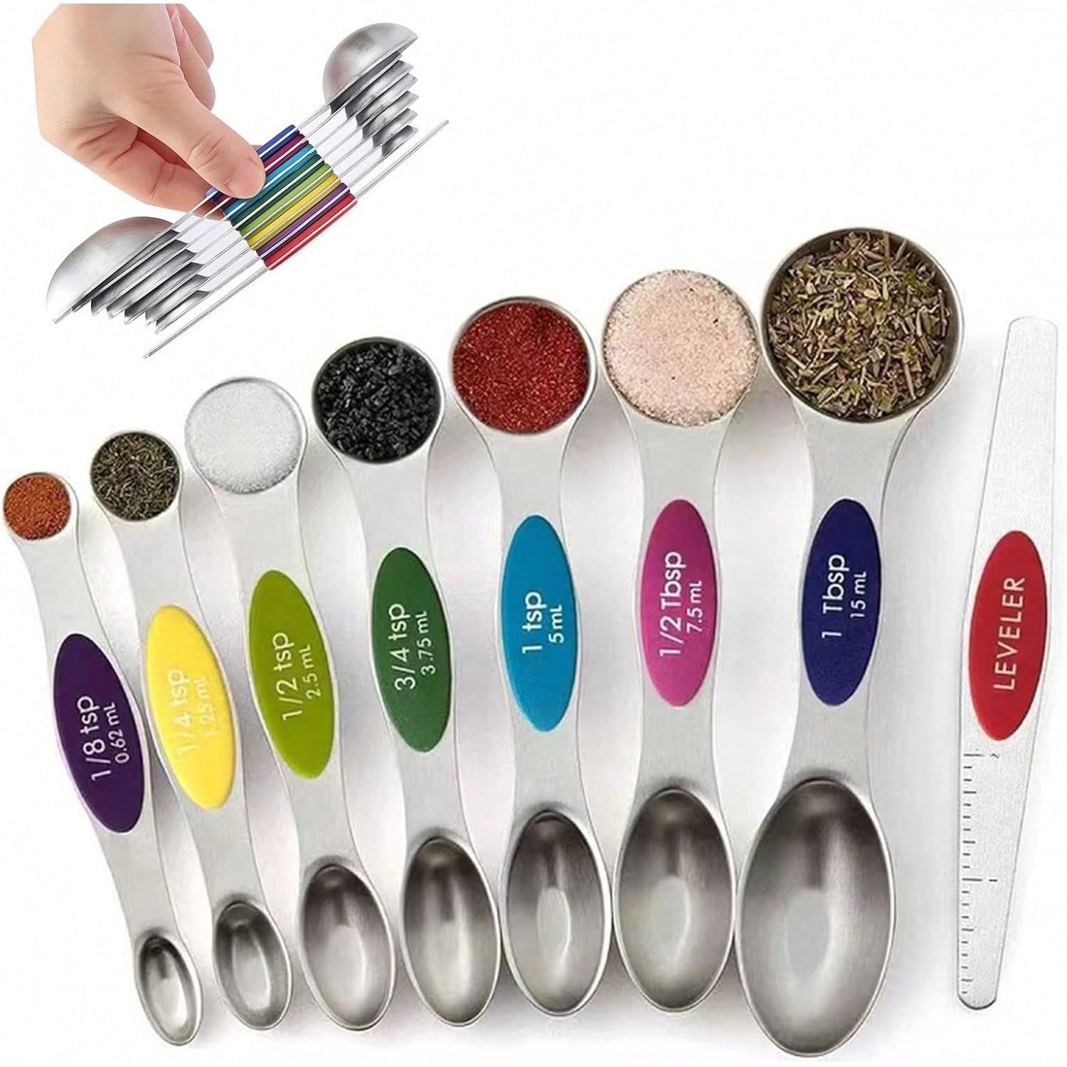 8-Pack Magnetic Measuring Spoon Set, Double-Sided Stainless Steel With Leveler
