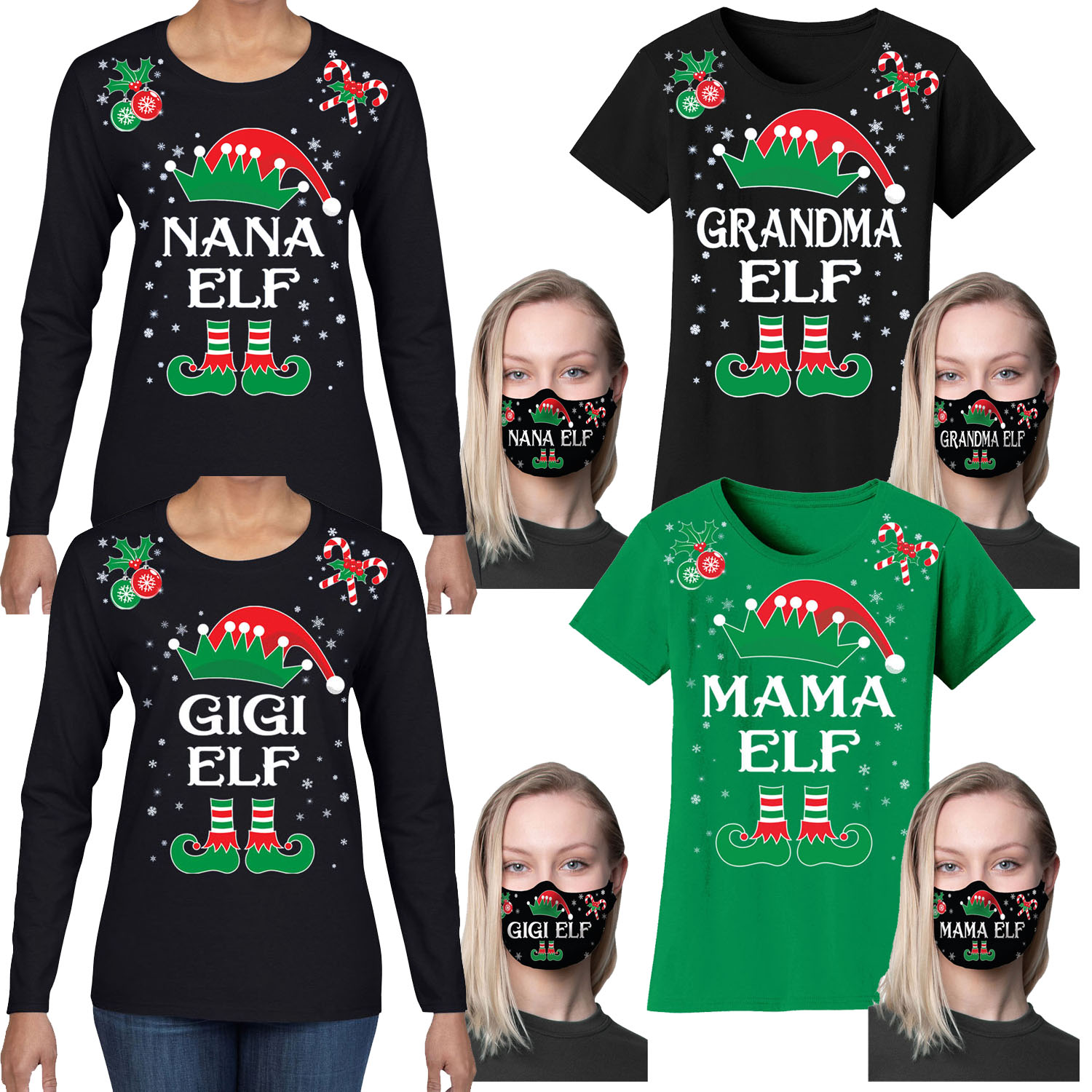 Women's Family Elf Christmas T-Shirts and Long Sleeve Shirts with Free Mask