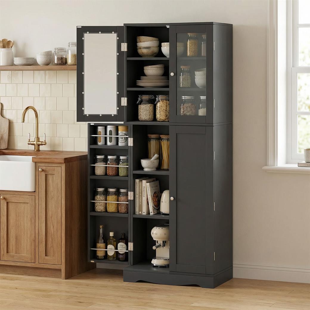 Tall Kitchen Pantry Cabinet with Dual Tempered Glass Doors and Shelves-Black