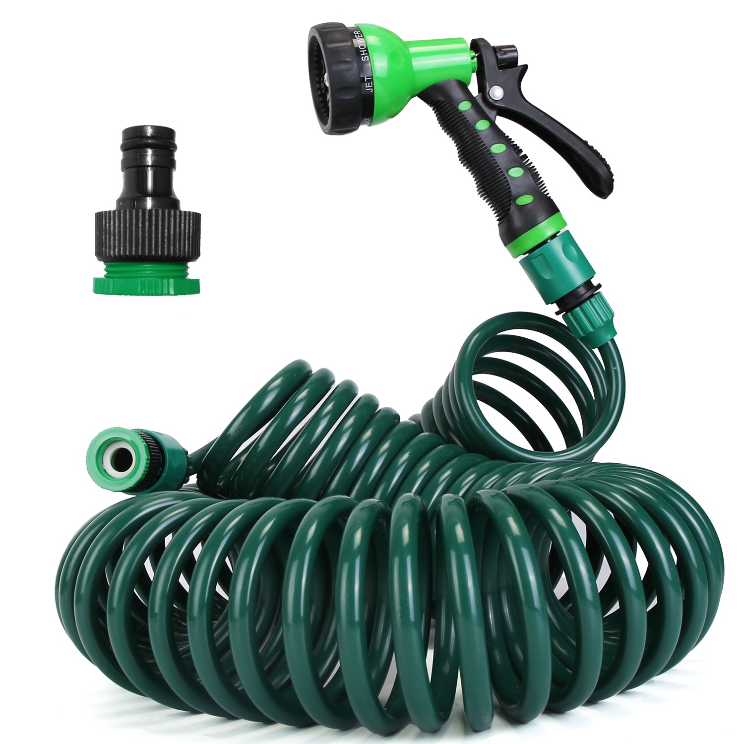EVA Recoil Garden Hose Flexible Self-coiling Water Hose with 3/4” and 1/2” Adapter with 7 Spraying Modes for Boat Greenhouse Yard Patio