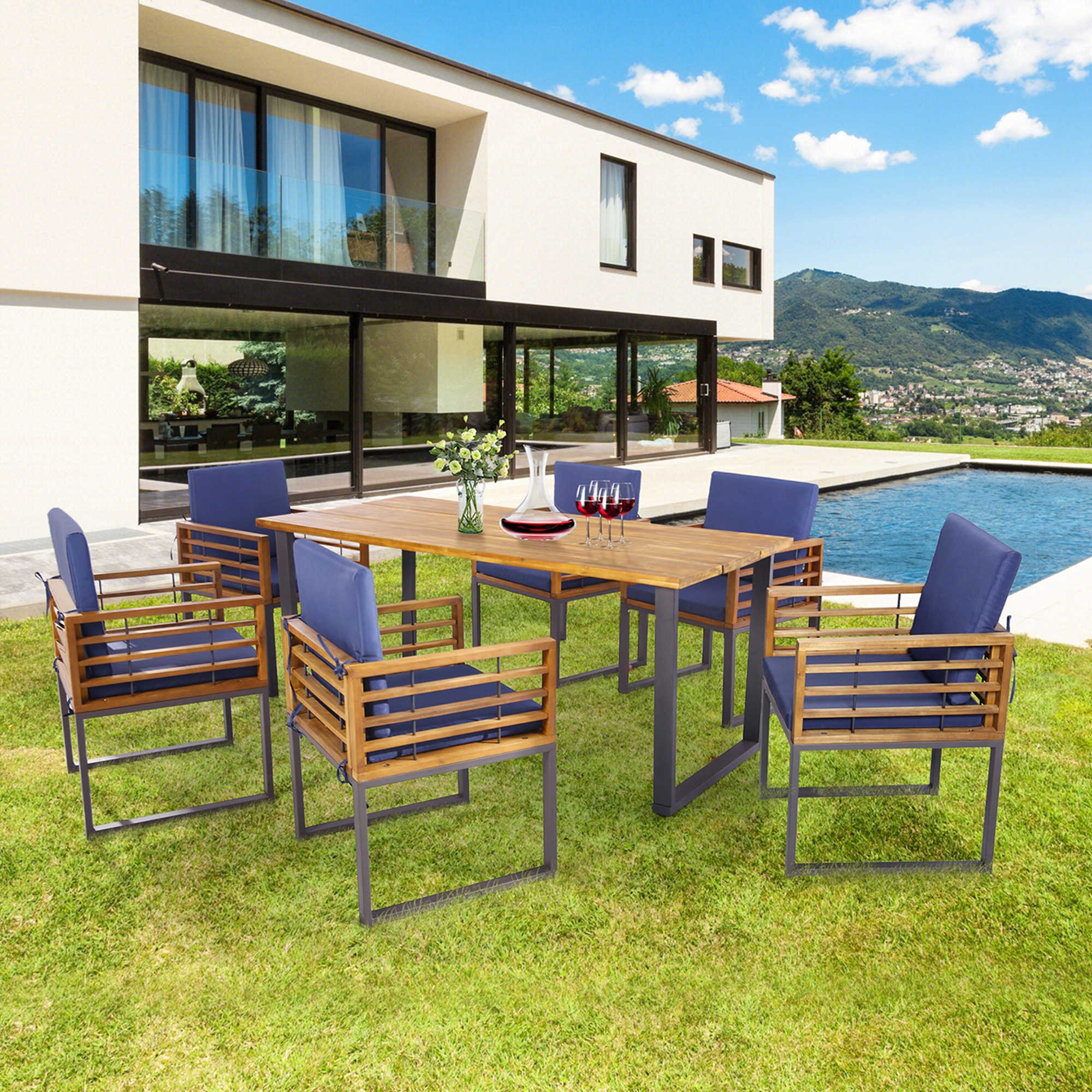7pcs Patio Acacia Wood Dining Chair & Table Set Heavy-Duty Space-Saving Outdoor