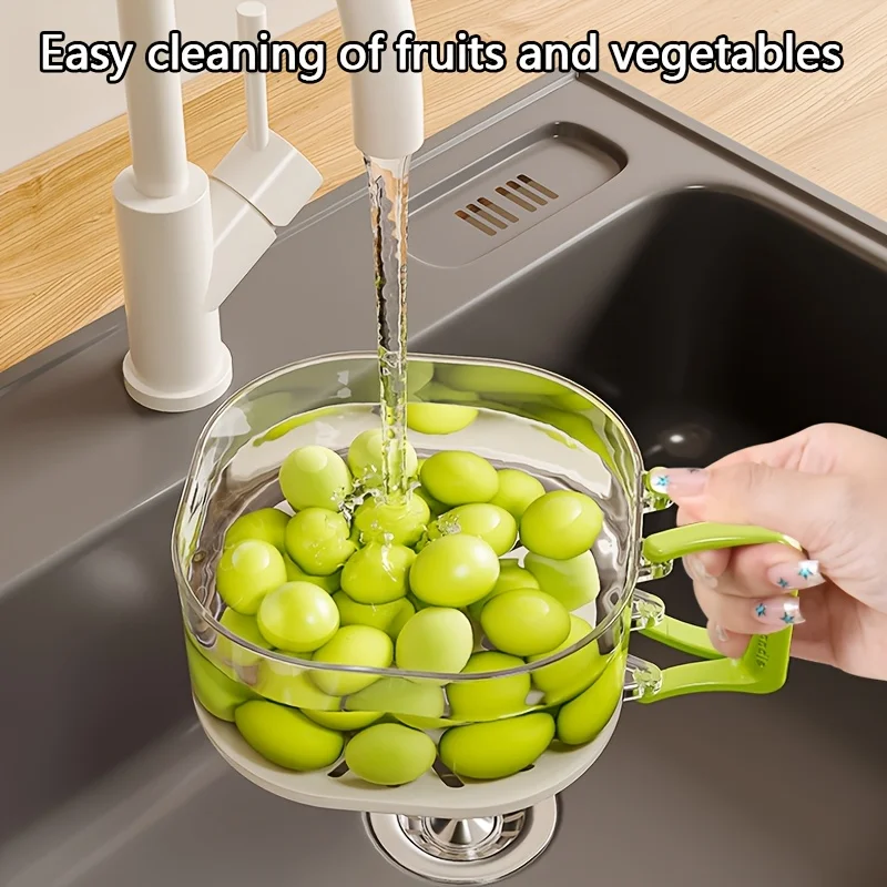 2-in-1 Double Layer Drain Basket Fruit Drainer Container with Foldable Handle Food Strainer