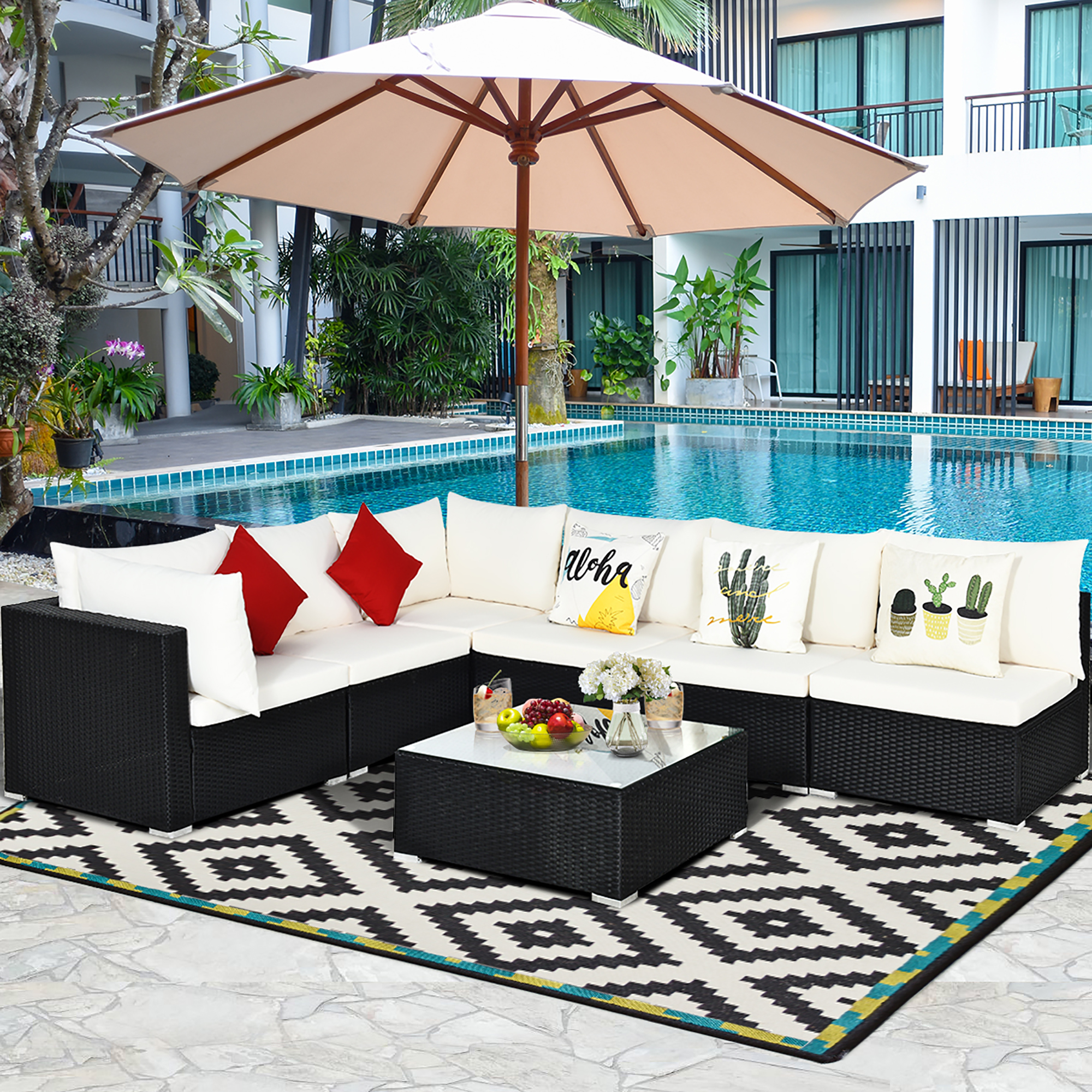 Costway 7PCS Patio Rattan Sofa Set Sectional Conversation Furniture Set Garden Beige/Navy/Gray