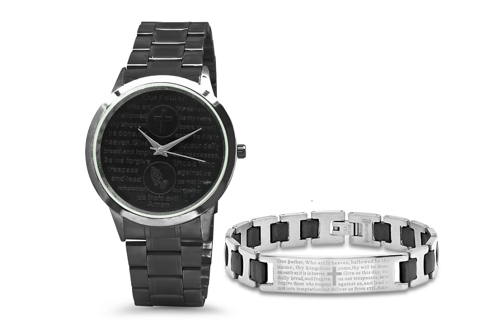 Bracelet & Watch Set W/ Stainless Steel Prayer Black Rubber Link Bracelet