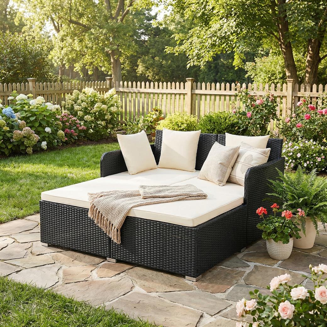 Spacious Outdoor Rattan Daybed with Upholstered Cushions and Pillows-White