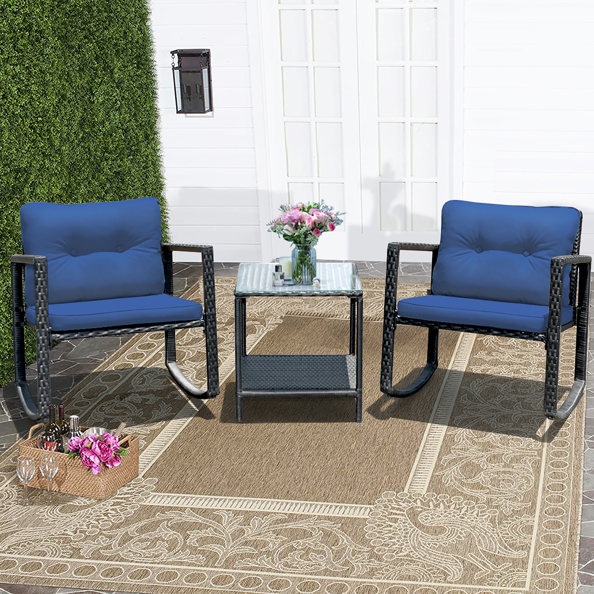 3 Piece Set: Costway Rattan Rocking Chair Set
