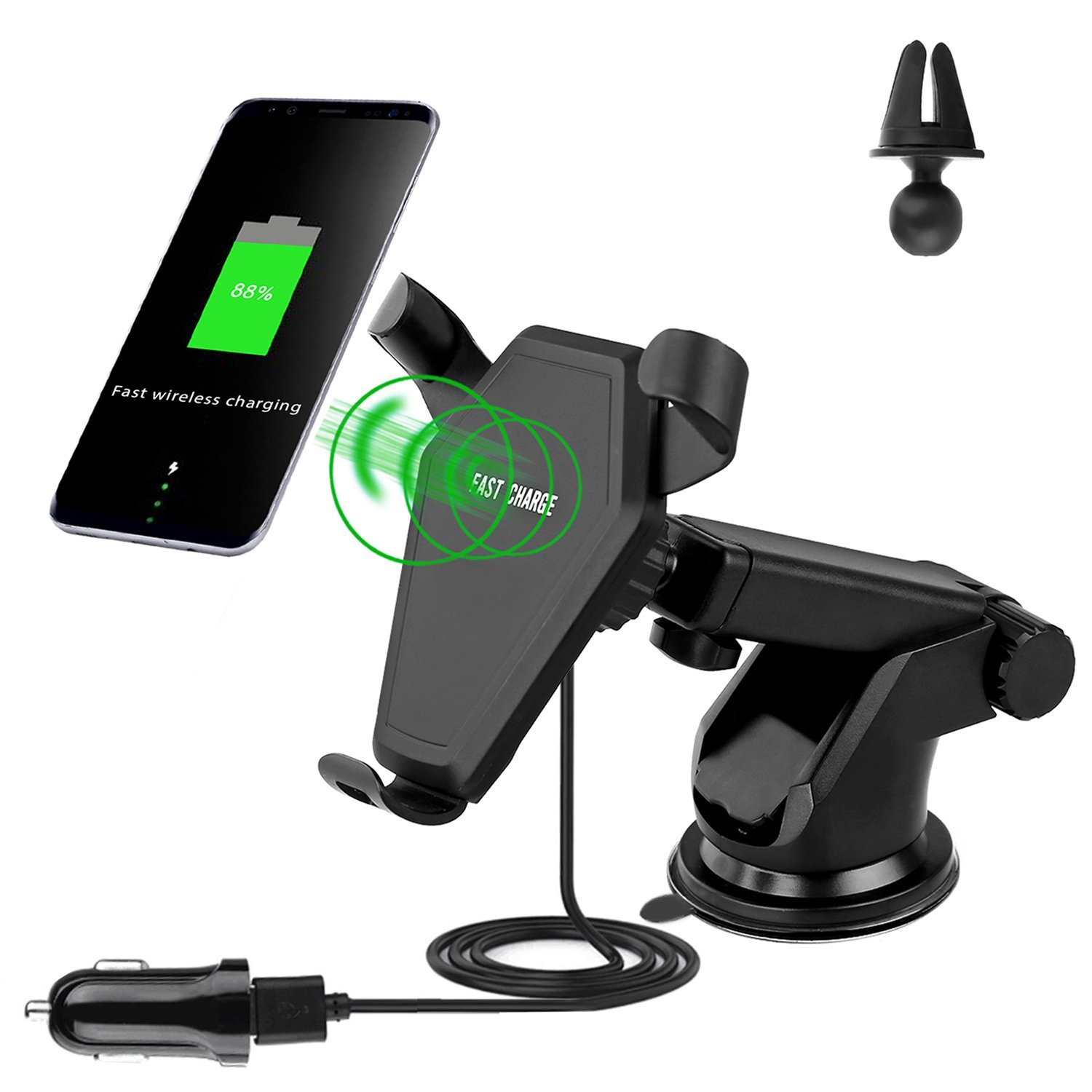 Qi Universally Compatible Wireless Car Charger for iPhone and Android
