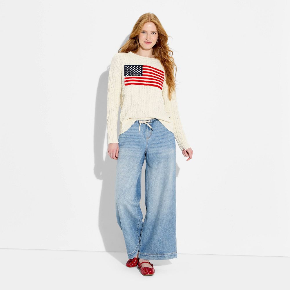 Women's Crewneck American Flag Pullover Sweater - Wild Fable Light Flags