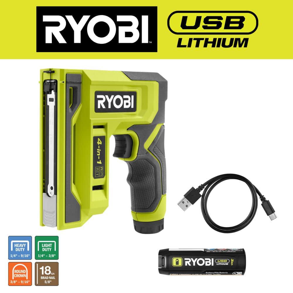RYOBI USB Lithium Cordless Craft 4-in-1 Stapler/Nailer Kit with 3.0 Ah Batt