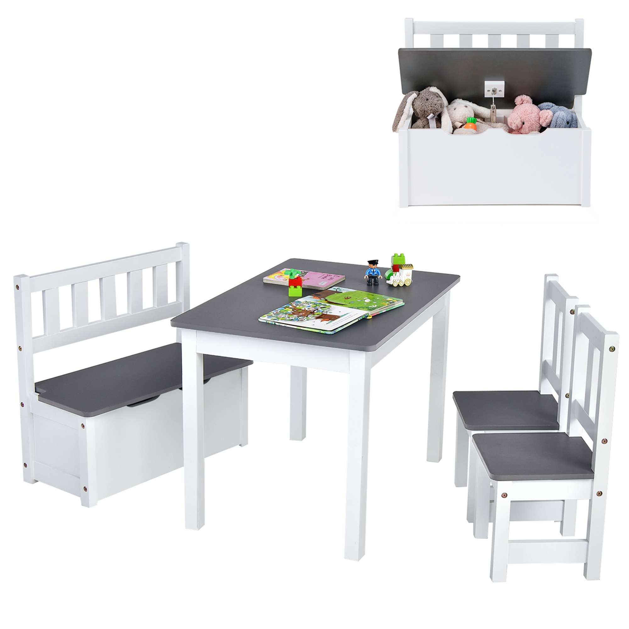 Costway 4 PCS Kids Wooden Activity Table & Chairs Set w/Storage Bench Study Desk Natural\Grey