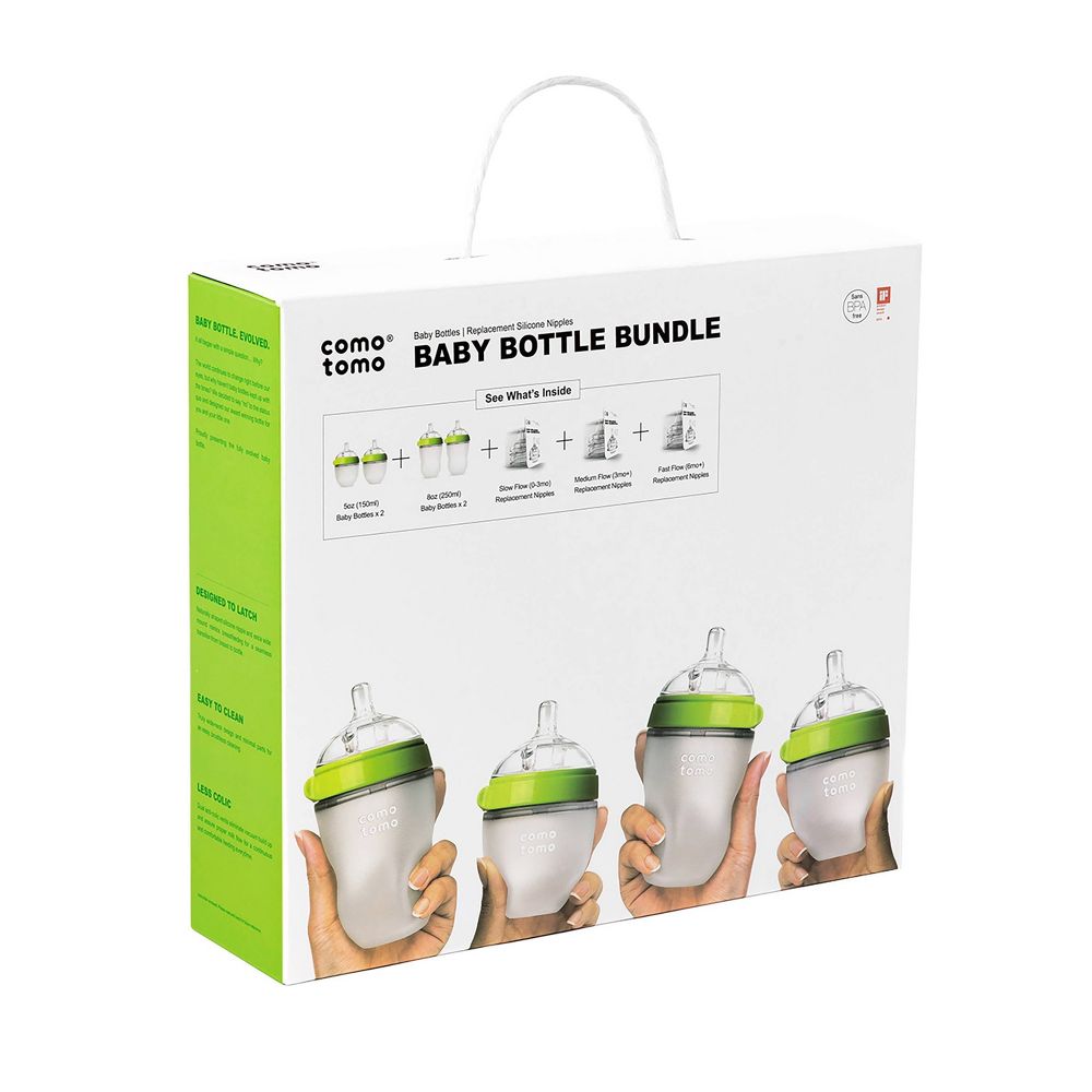 Comotomo Silicone Baby Bottle Gift Set - Green - 10-Piece Bundle